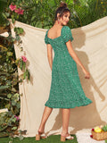 Slim Fit Floral Green Cap Sleeve Midi Summer Dress