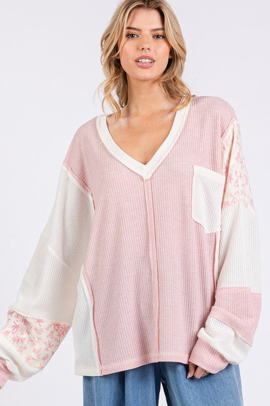 Beachy Baggy Floral Long Sleeve V-Neck Waffle Boho Knit Top