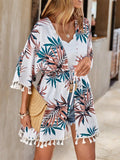 Tassel Tied Printed Half Sleeve Beach Cover Up