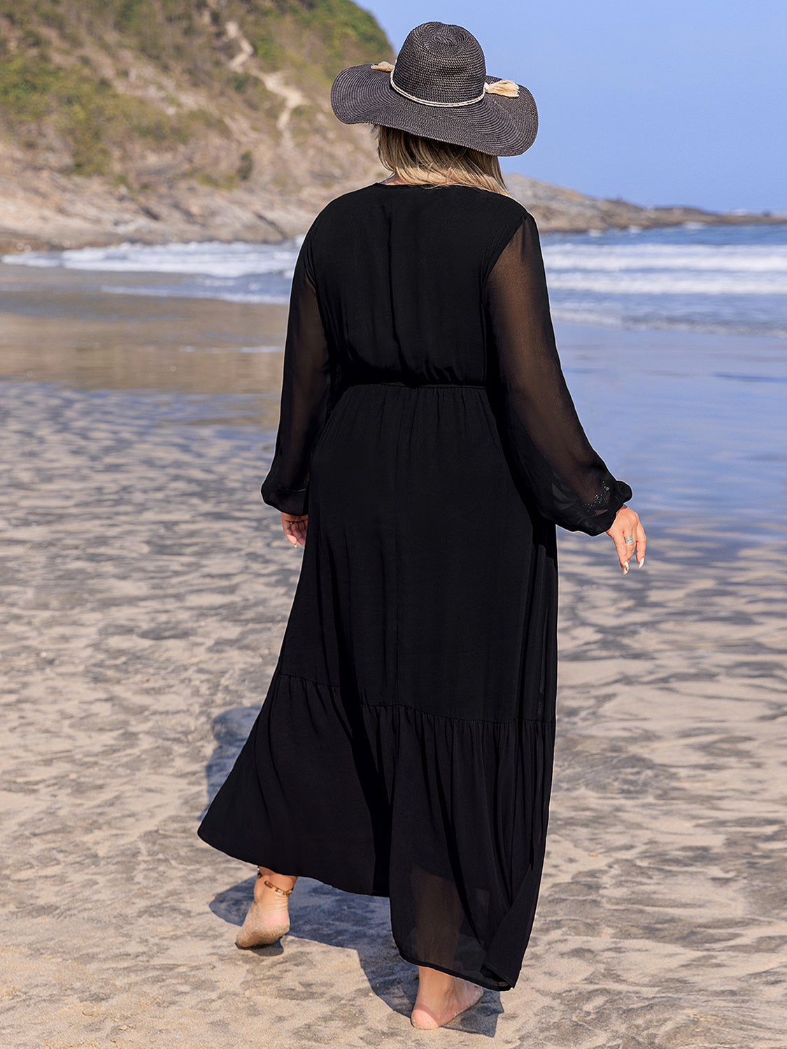 Plus Size Embroidered Tie Neck Long Sleeve Beach Maxi Dress