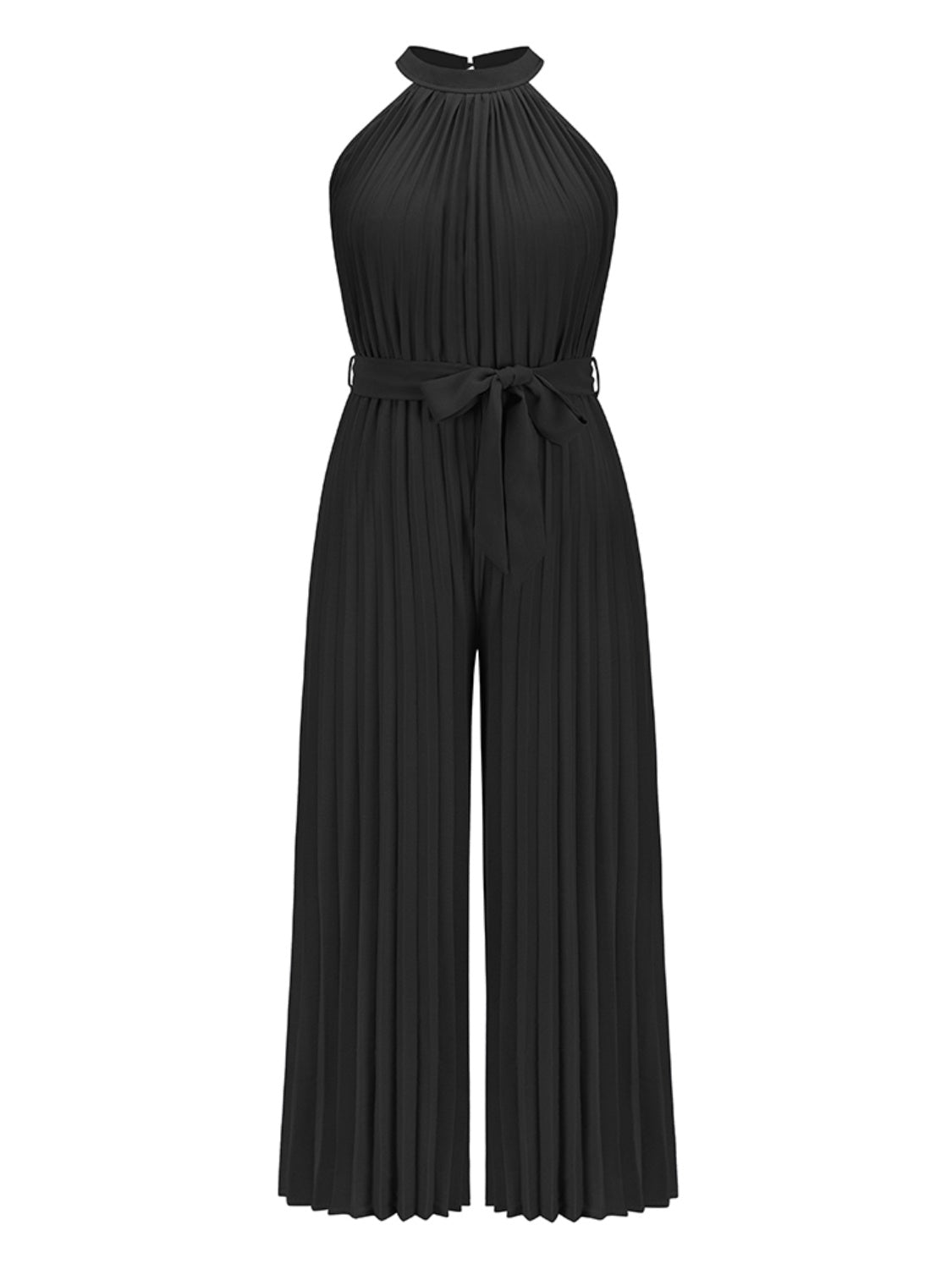 Tie Waist Pleated Sleeveless Resort Jumpsuit