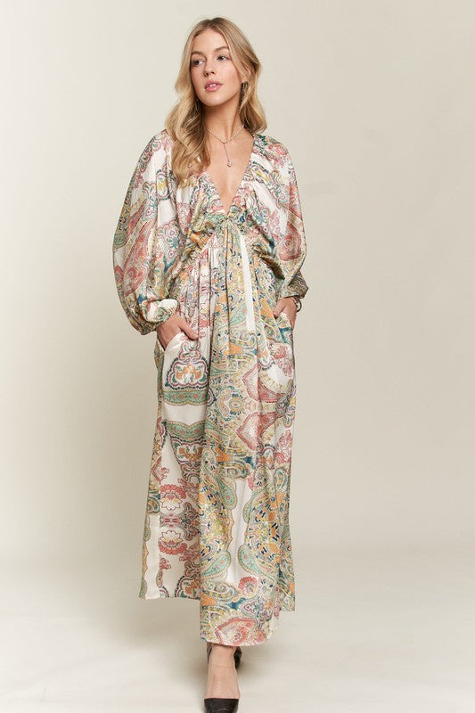 Printed V-Neck Batwing Sleeve Maxi Dress