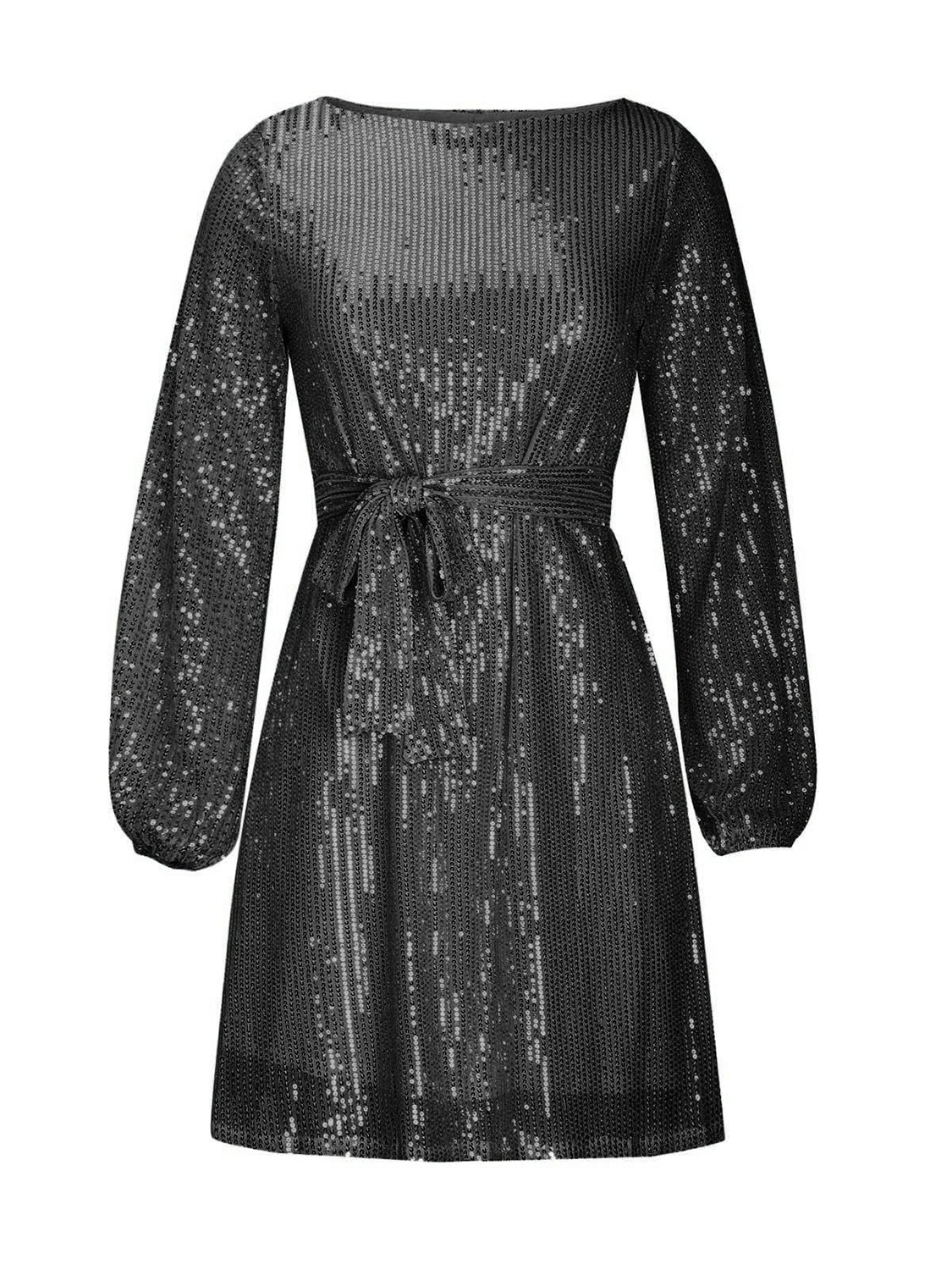 Sequin Tie Waist Long Sleeve Mini Cocktail Dress