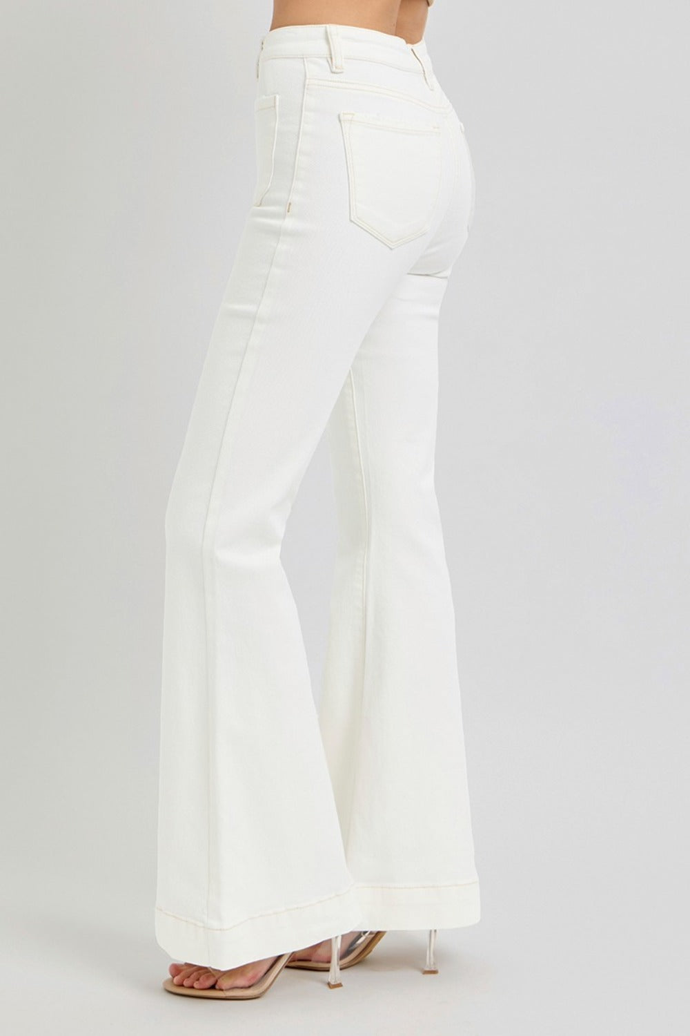 Full Size High Rise Front Patch Pocket White Flare Jeans