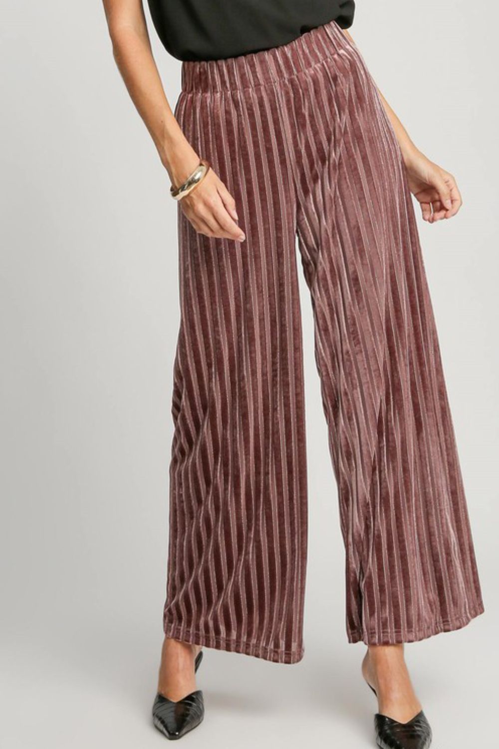 Full Size Elastic Waist Wide Leg Velvet Resort Pants