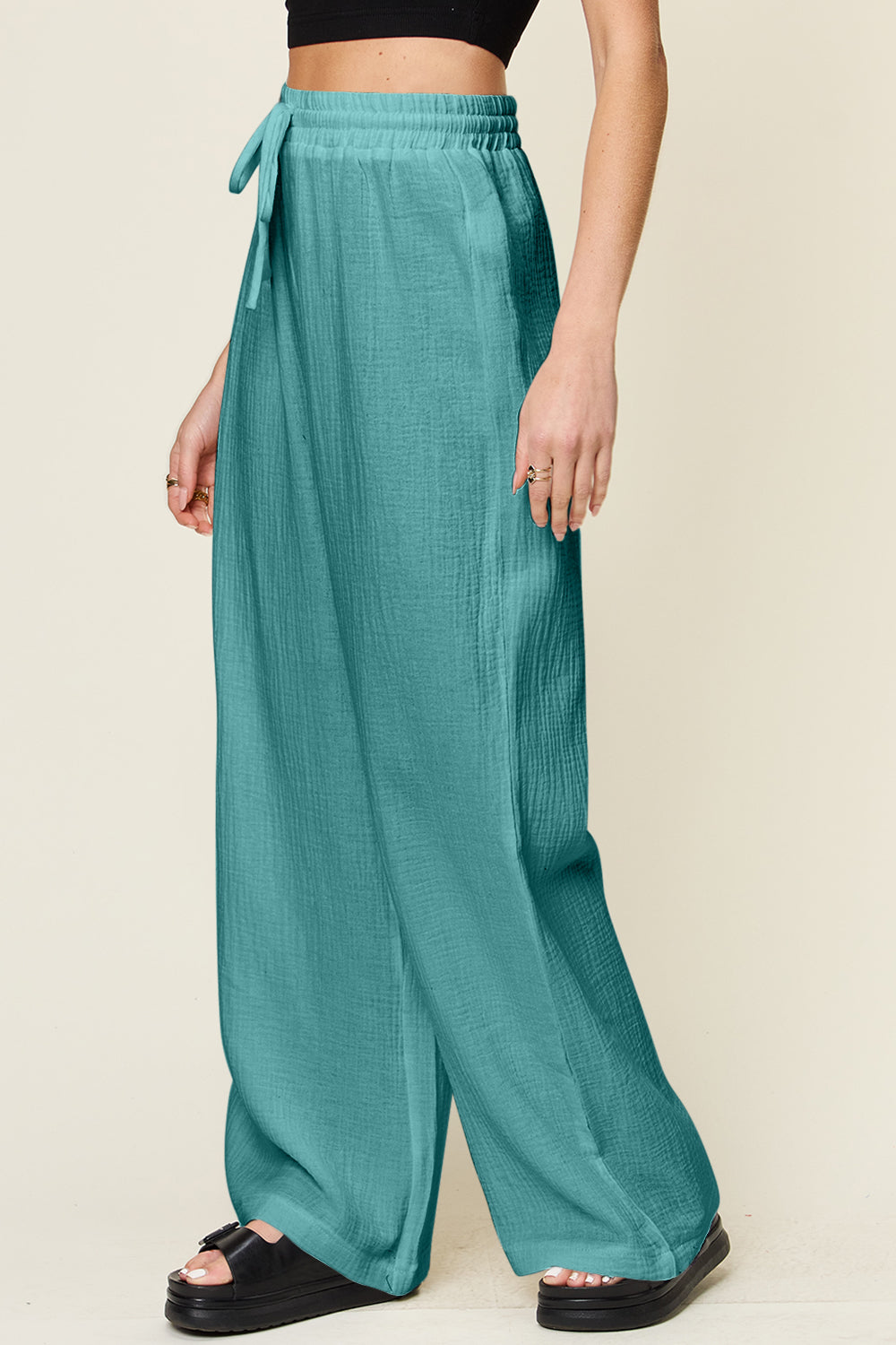 Full Size Texture Drawstring Wide Leg Pants