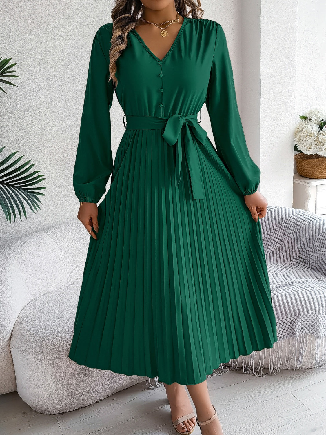 Pleated Tied V-Neck Long Sleeve Midi Dress