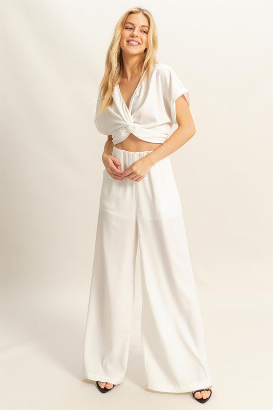 Crop Top Twisted Front Resort White Wide Leg Pants Set