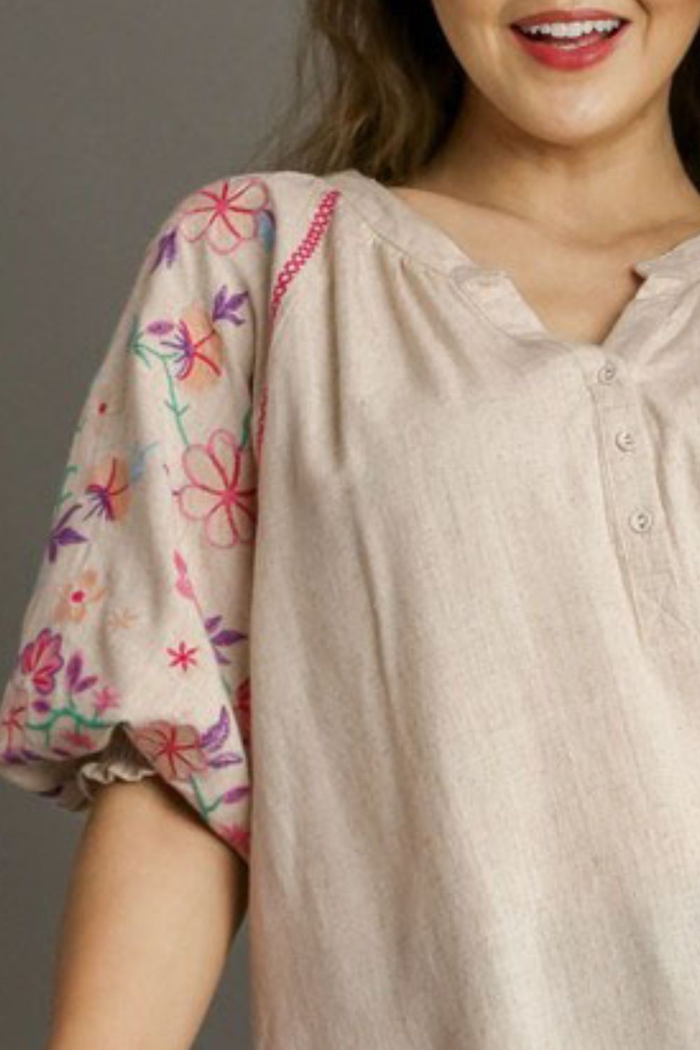 Full Size Half Button Top with Embroidery Sleeves