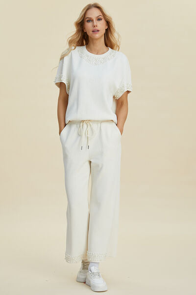 Full Size Pearl Detail Resort Top and Pants Set