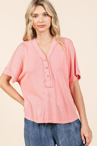 Mineral Wash Henley Short Sleeve Waffle Knit Top