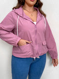 Plus Size Pink Zip-Up Drawstring Hooded Jacket with Pockets