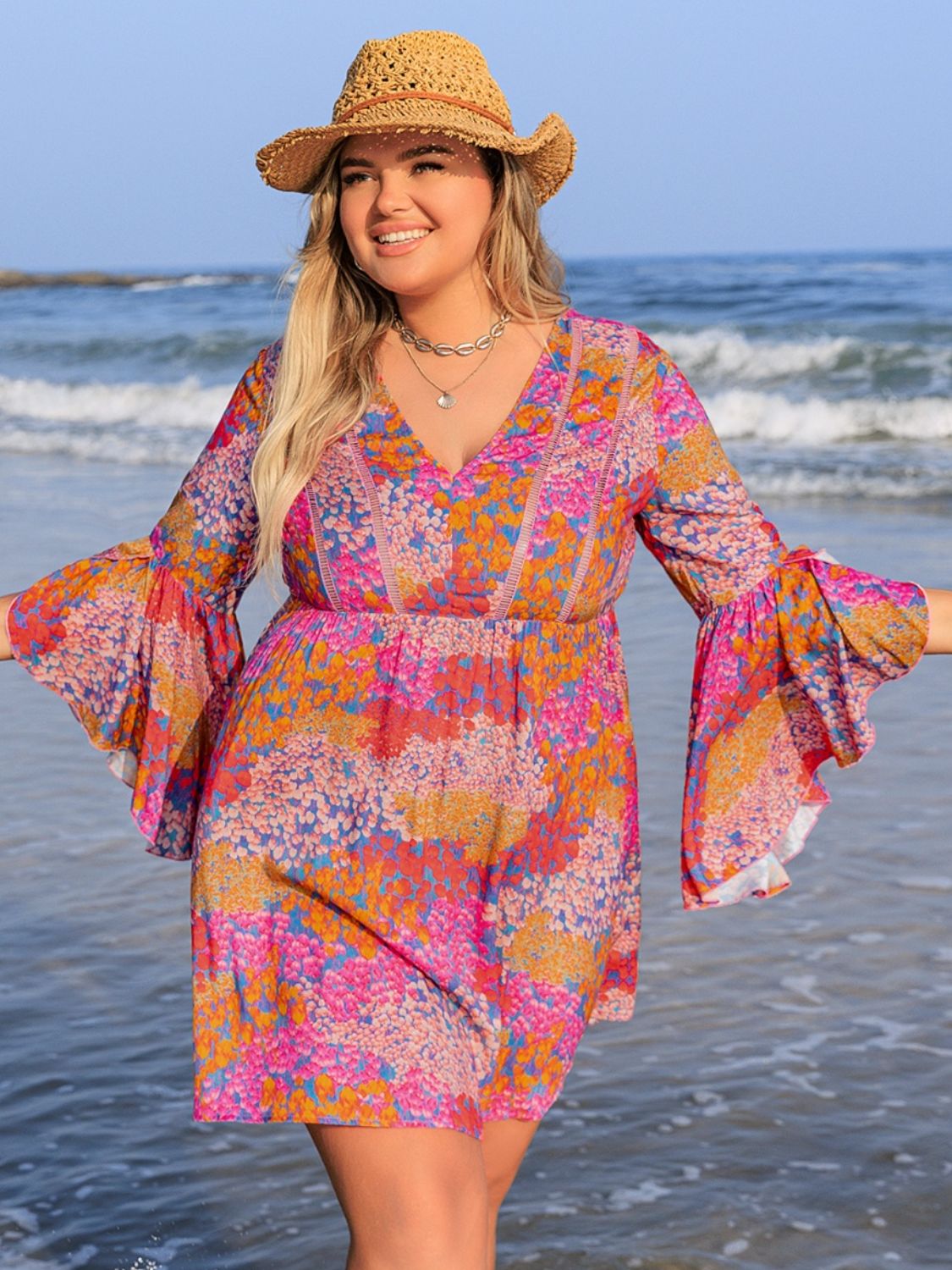 Plus Size Ruched Printed Long Sleeve Beach Dress