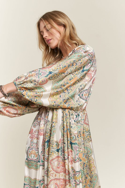 Printed V-Neck Batwing Sleeve Maxi Dress