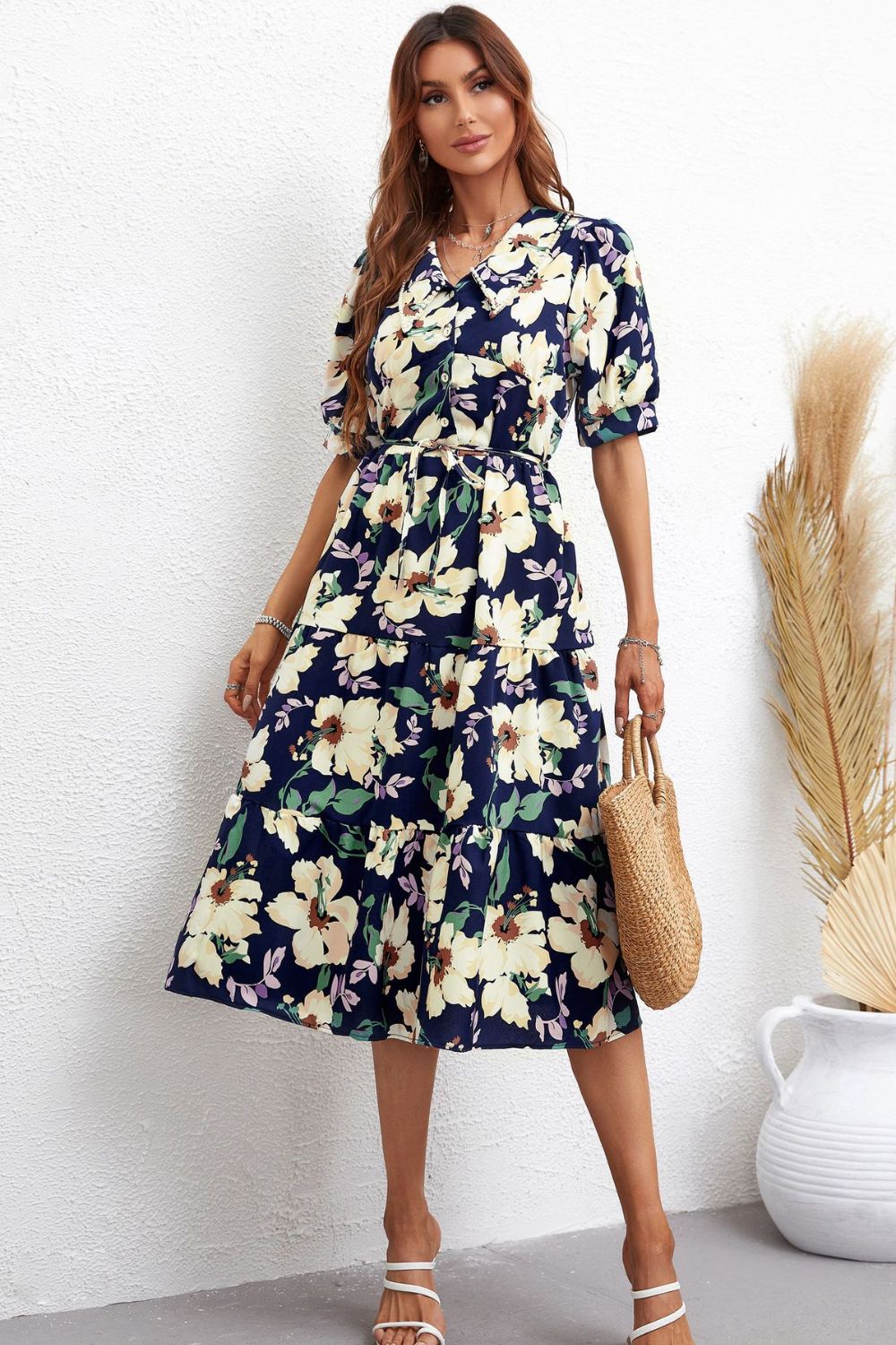 Floral Collared Neck Tiered Midi Resort Dress