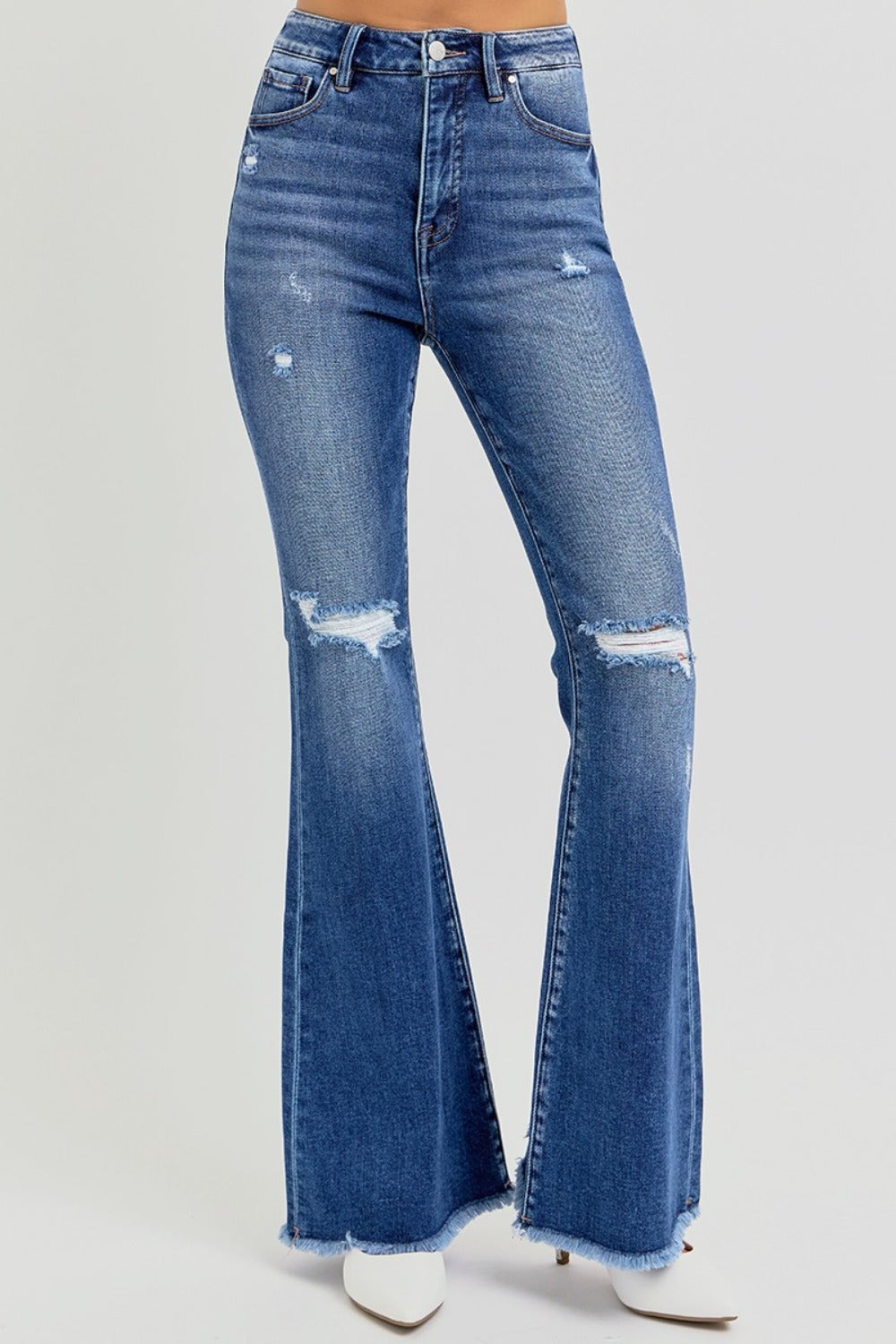 Full Size High Rise Distressed Raw Hem Flare Jeans