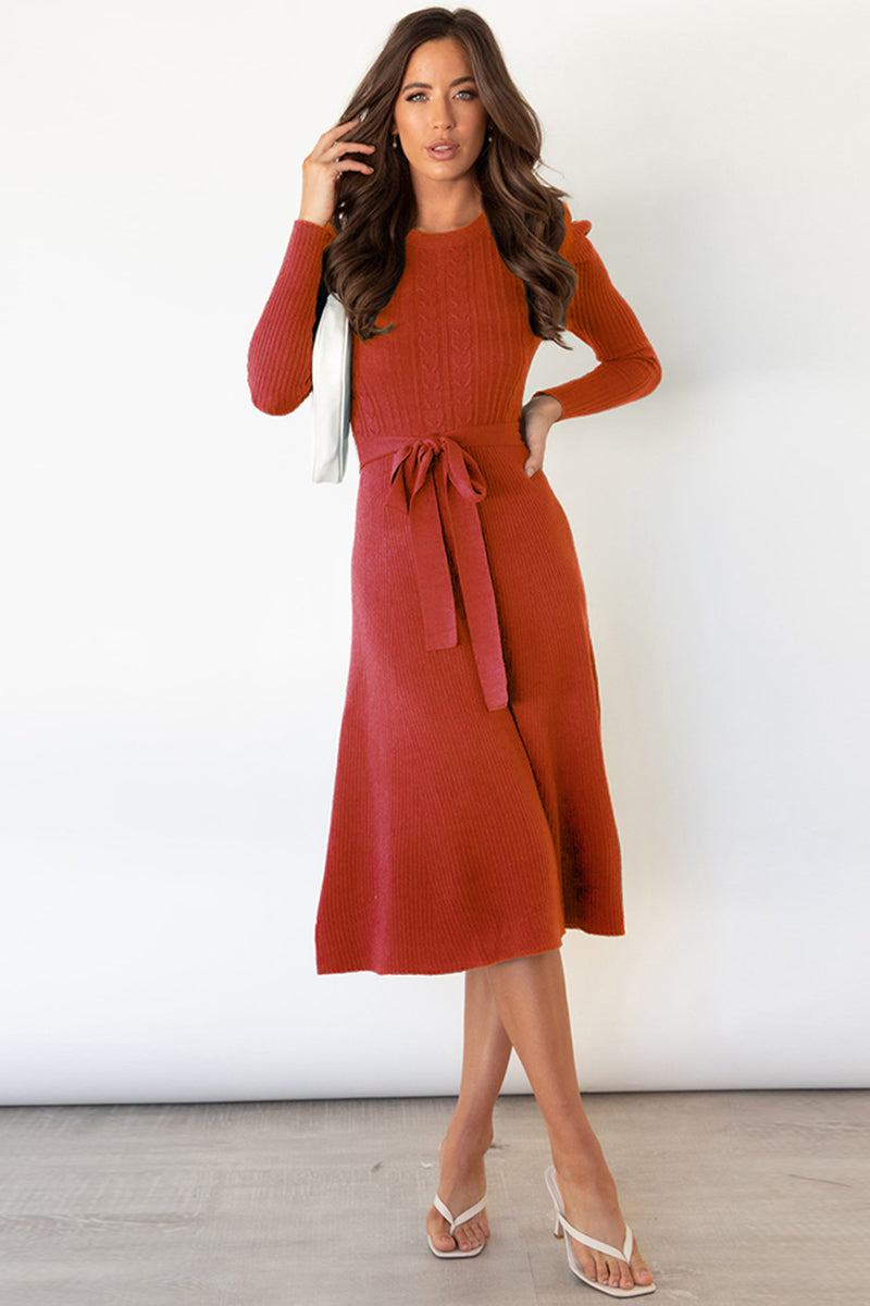 Long Sleeve Tie Waist Midi Sweater Dress