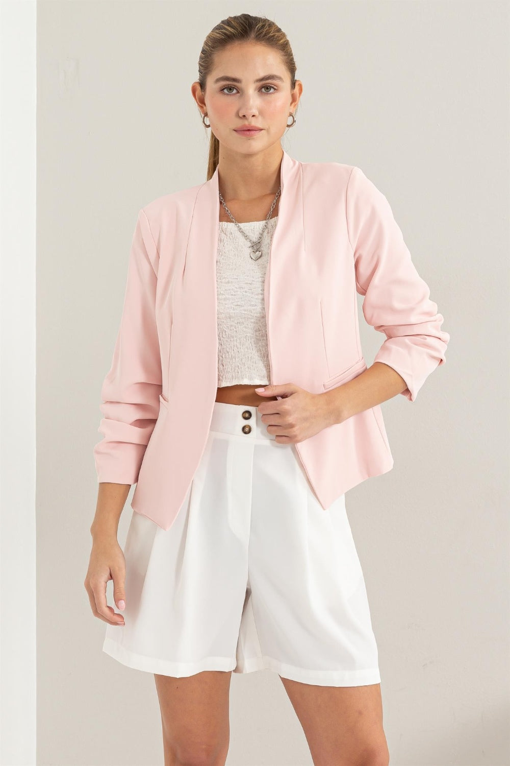 Open Front Ruched Sleeve Resort Blazer