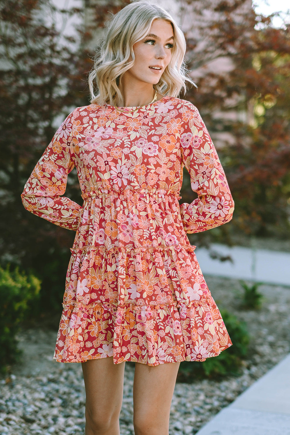 Floral Long Sleeve Tiered Summer Dress