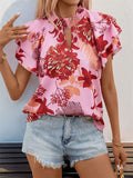 Ruffled Floral Short Sleeve Resort Blouse