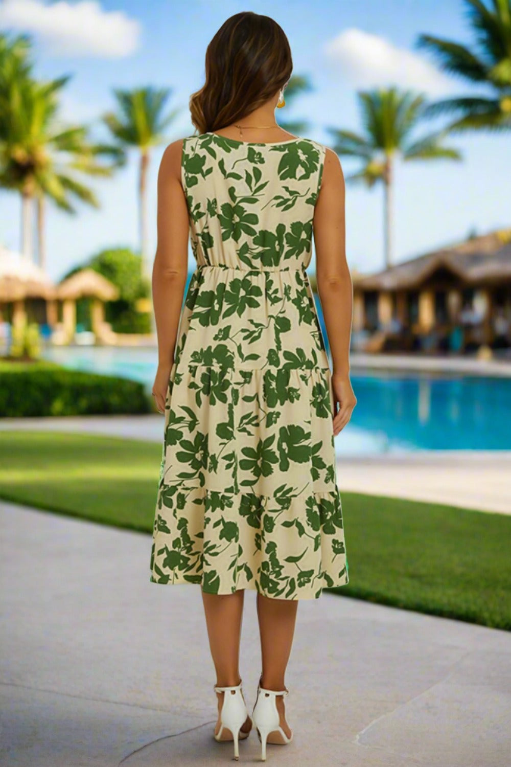 Green Floral Sleeveless Resort Midi Dress