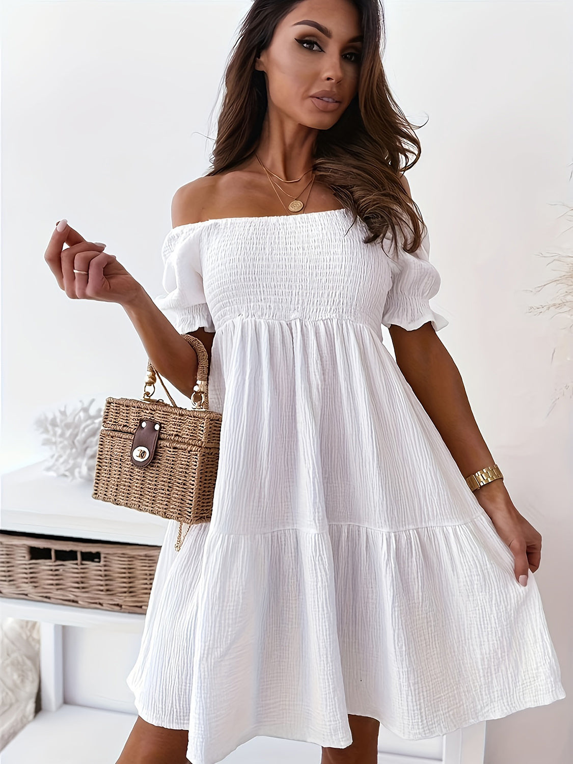 Full Size Ruffled Off-Shoulder Short Sleeve Beach Dress