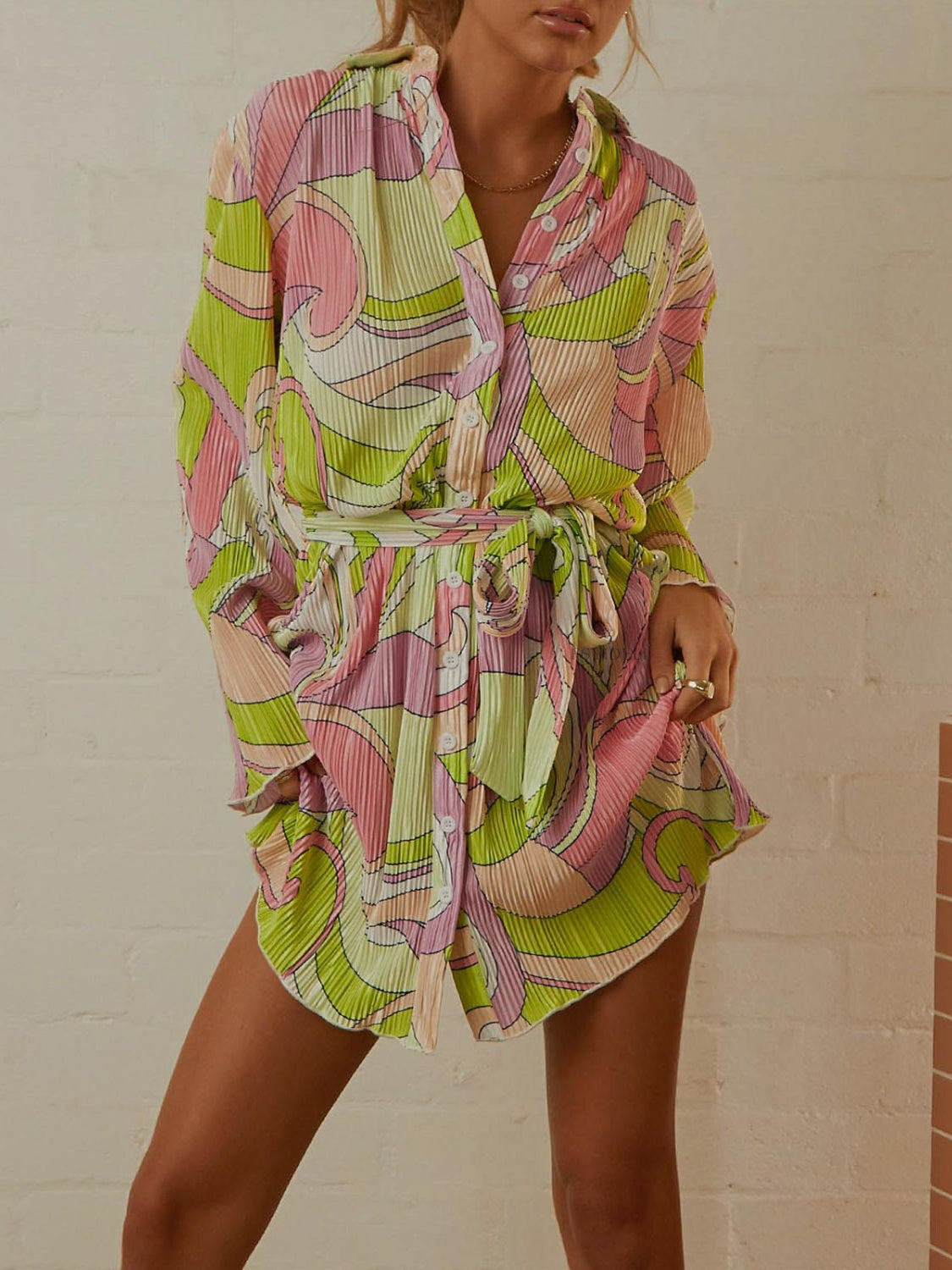 Tied Button Up Long Sleeve Resort Dress