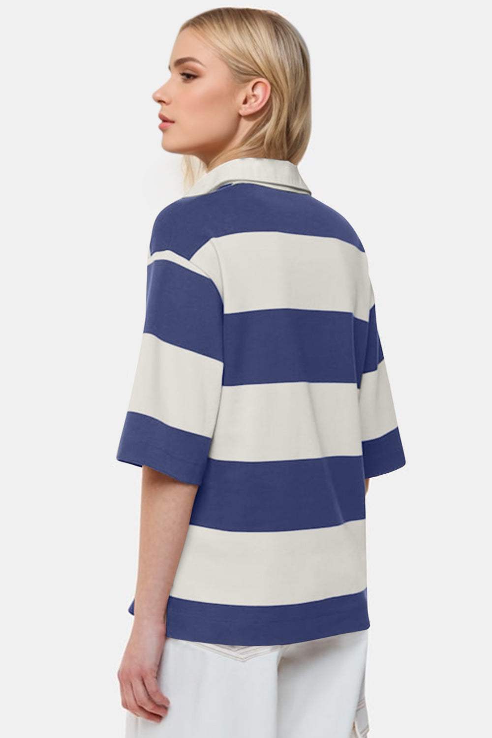 Pima Cotton Wash Color Block Johnny Collar Half Sleeve Top