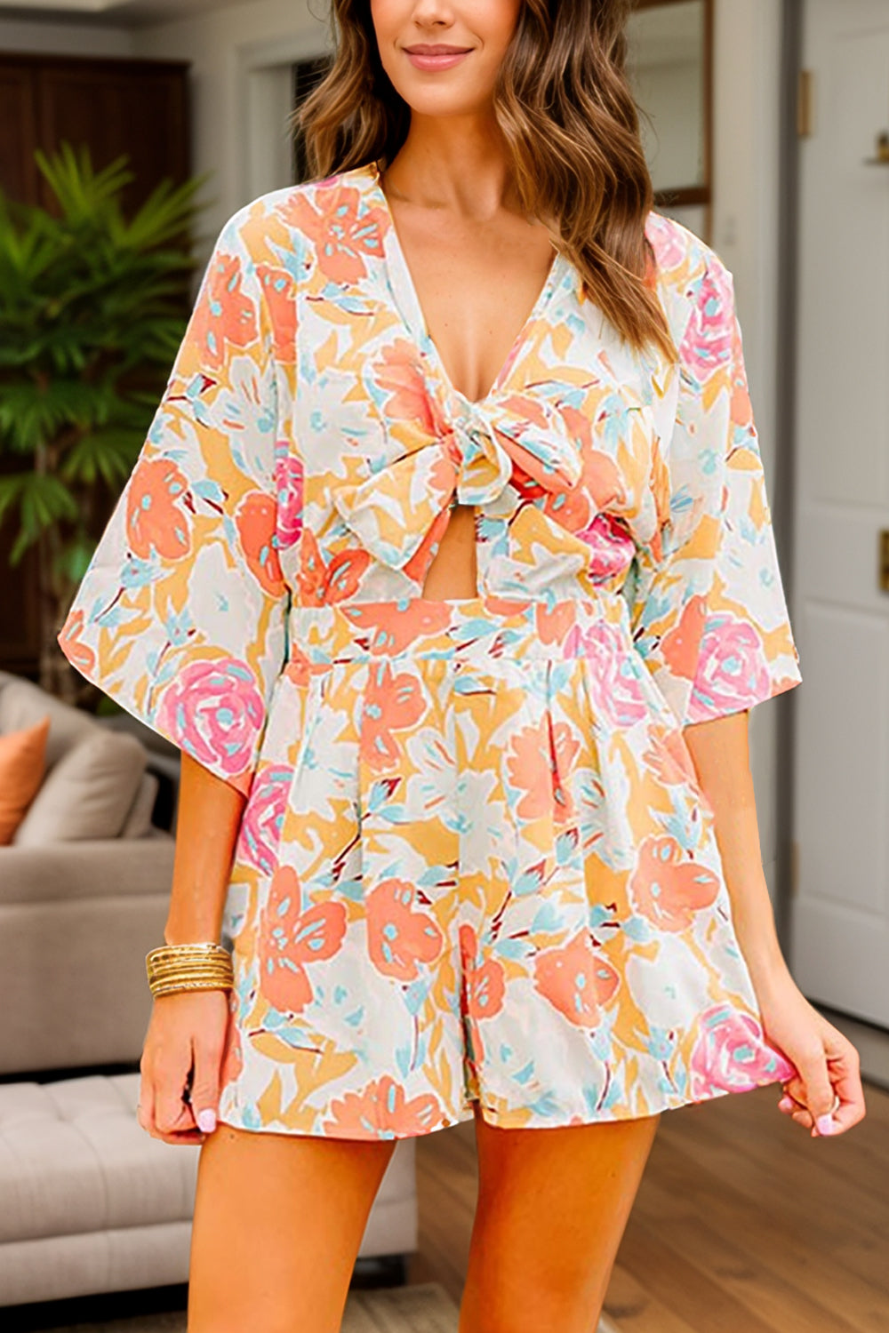 Tied Printed Half Sleeve Romper