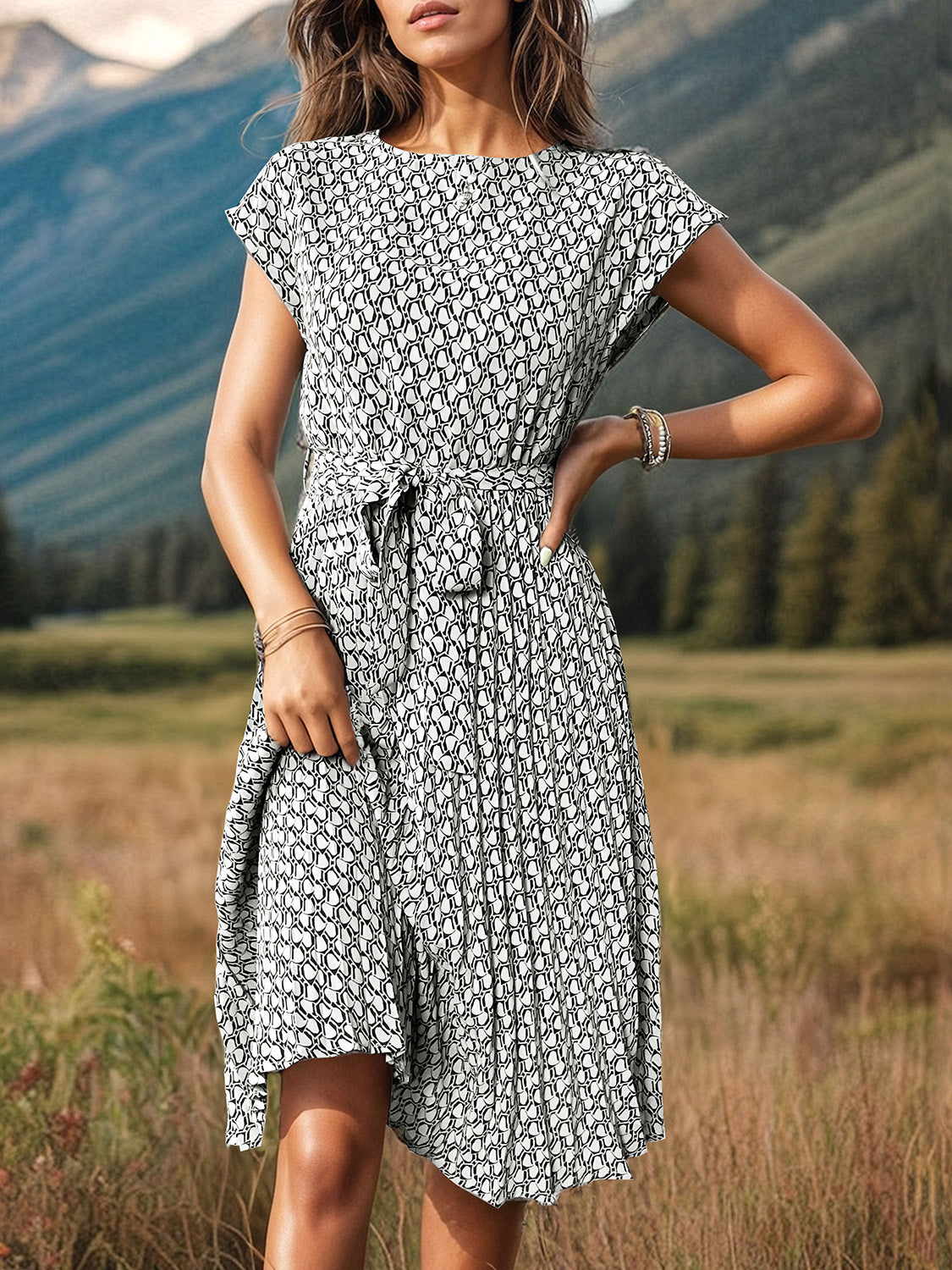 Printed Cap Sleeve Tie Waist Midi Resort Dress