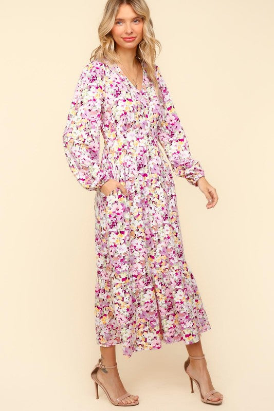 Full Size Floral Long Sleeve Summer Maxi Dress with Side Pockets