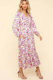 Full Size Floral Long Sleeve Summer Maxi Dress with Side Pockets