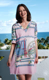 V Neck Coach Print Pink Resort Dress
