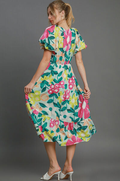 Full Size Tiered Floral Puff Sleeve Midi Dress