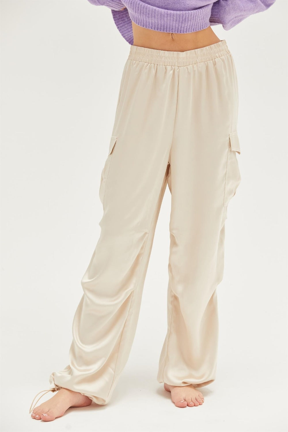 Satin Drawstring Hem Cargo Resort Pants