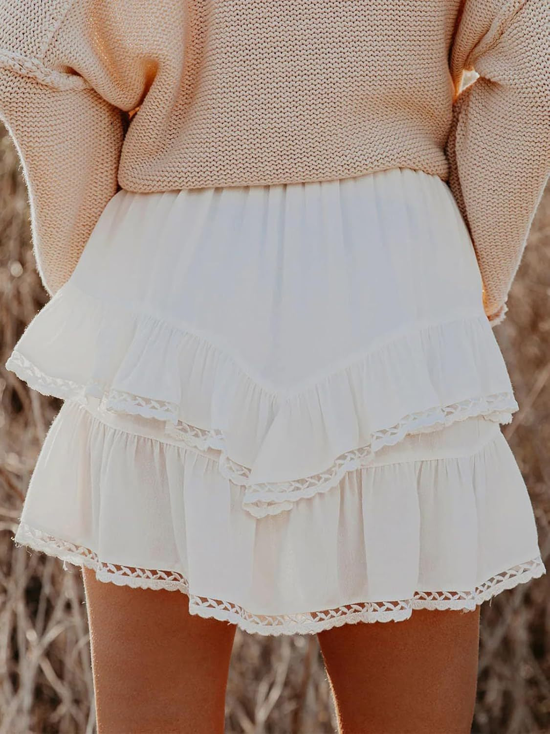 White Lace Detail Layered Mini Boho Skirt