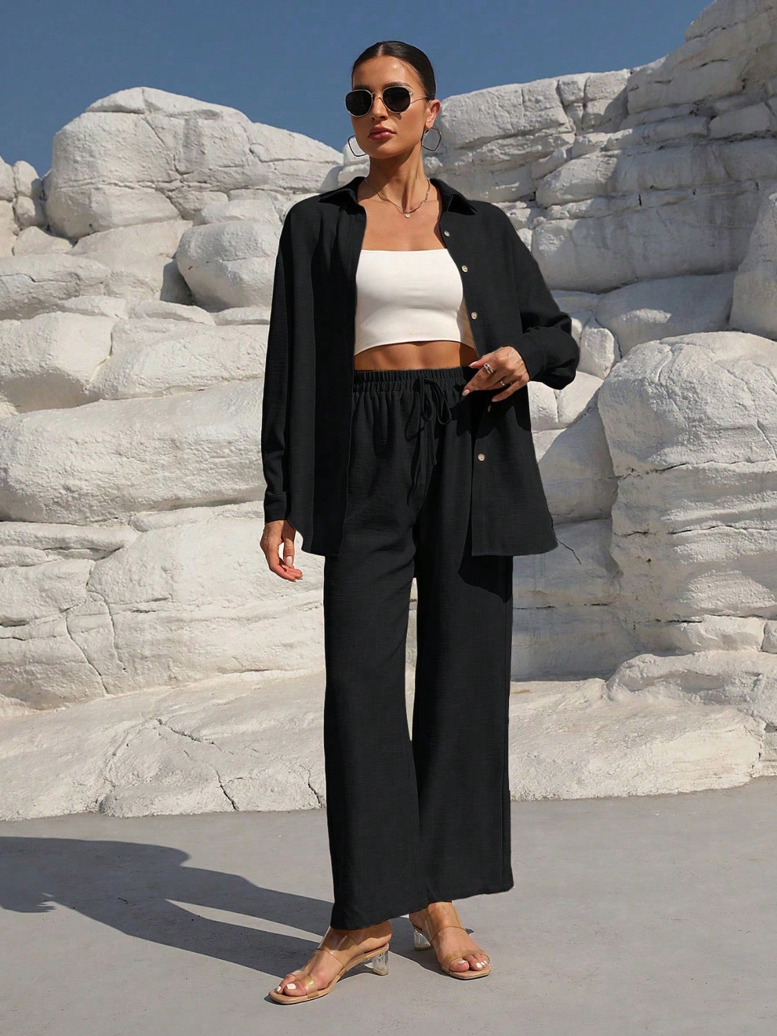 Button Up Long Sleeve Resort Top and Pants Set