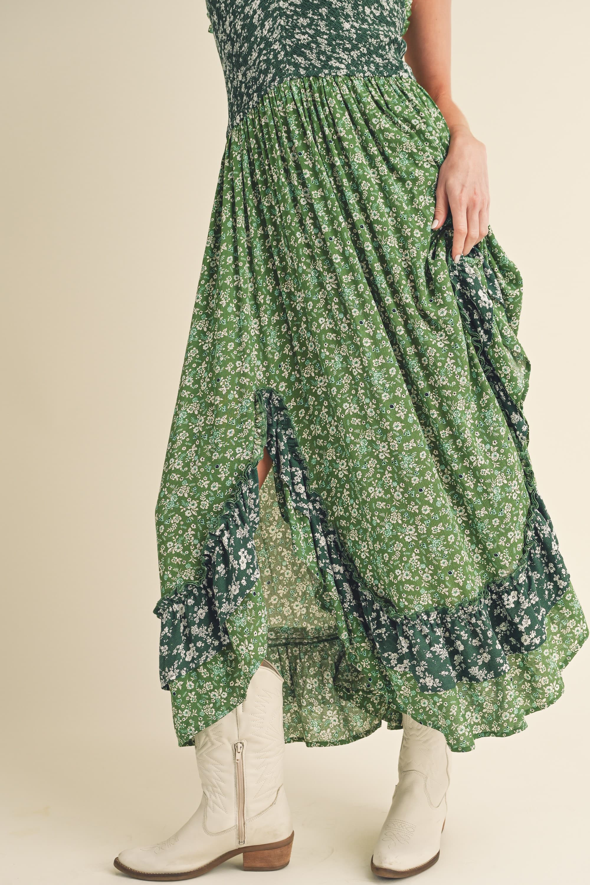 Summer Green Floral Ruffled Hem Maxi Cami Dress