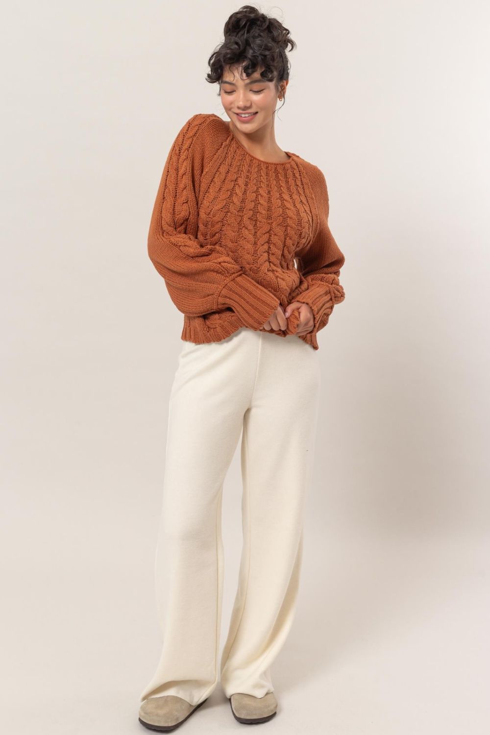 Comfy Cable-Knit Round Neck Raglan Sleeve Sweater