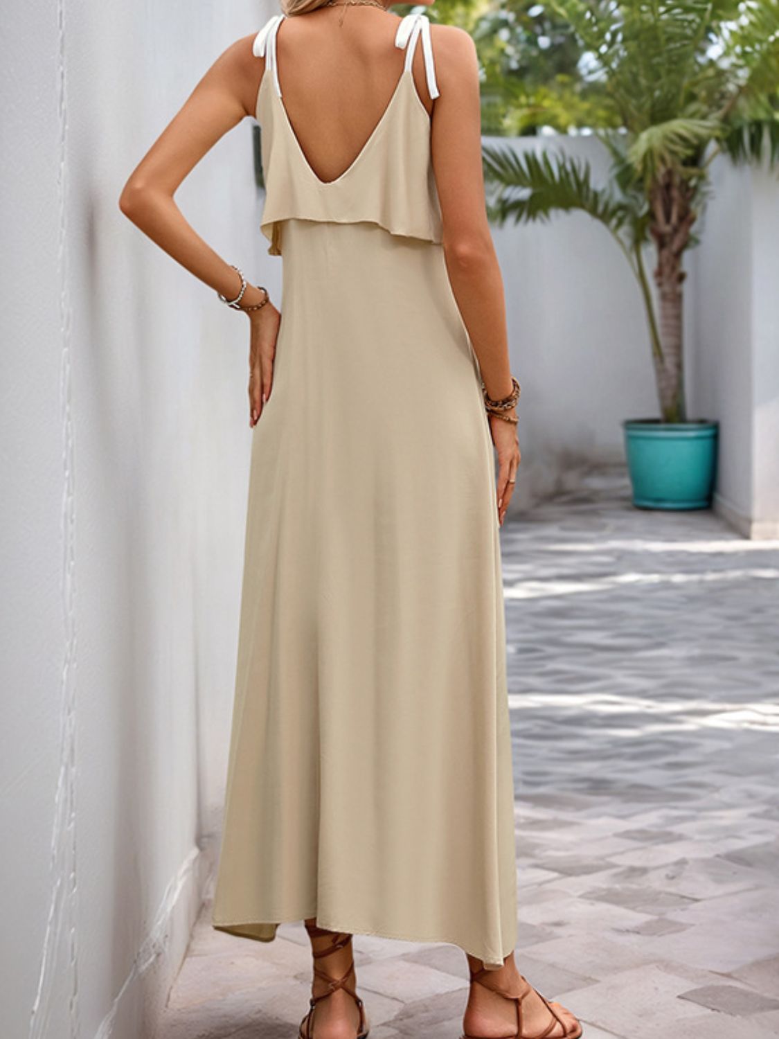 Tie Shoulder Tan Sleeveless Midi Resort Dress