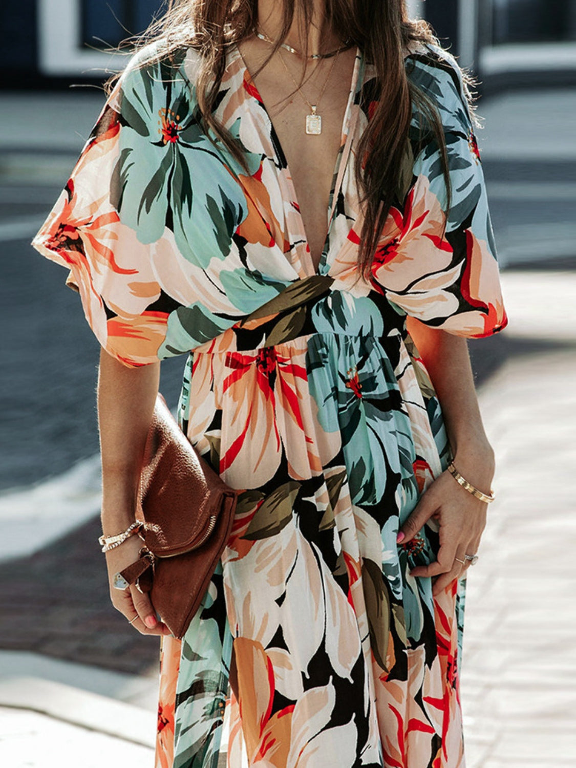 Tropical Plunge Half Sleeve Resort Maxi Dress