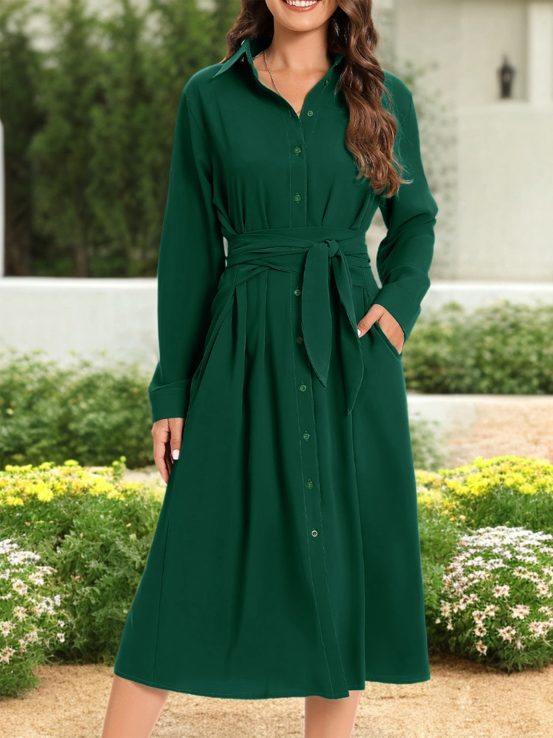 Tie Waist Long Sleeve Office Dress