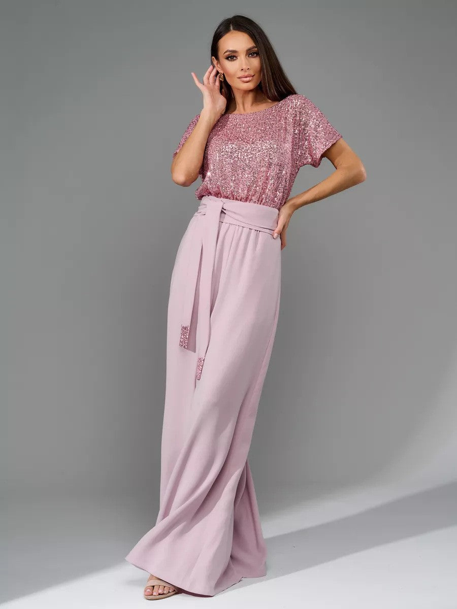 Full Size Sequin Short Sleeve Wide Leg Jumpsuit