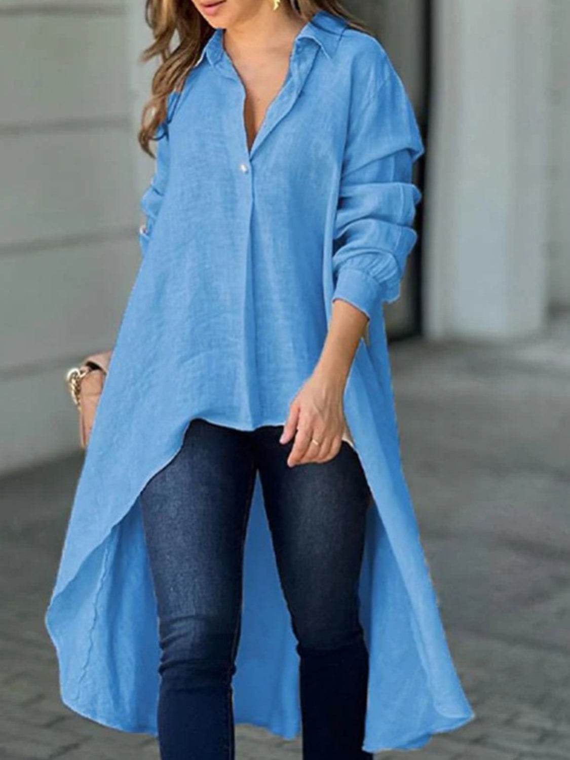 Full Size High-Low Collared Neck Long Sleeve Resort Shirt