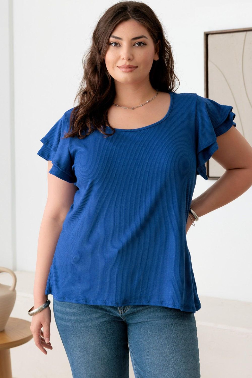 Plus Size Short Fluttery Sleeve Round Neck Top