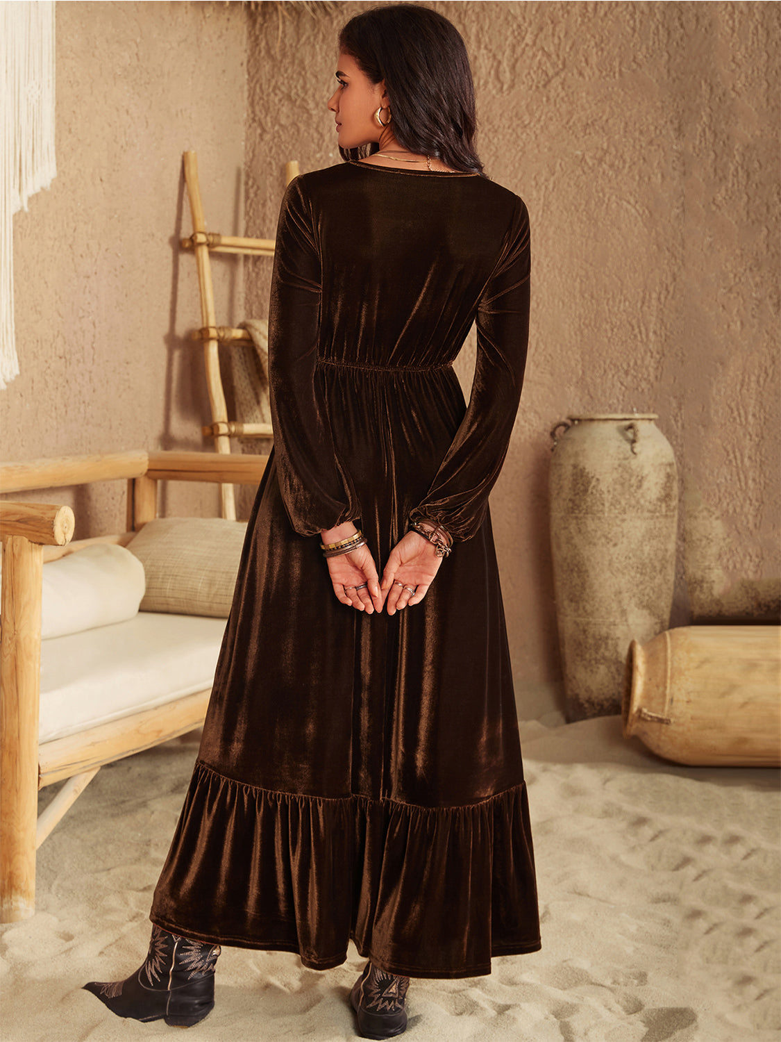 Ruffled V-Neck Long Sleeve Black Boho Maxi Dress