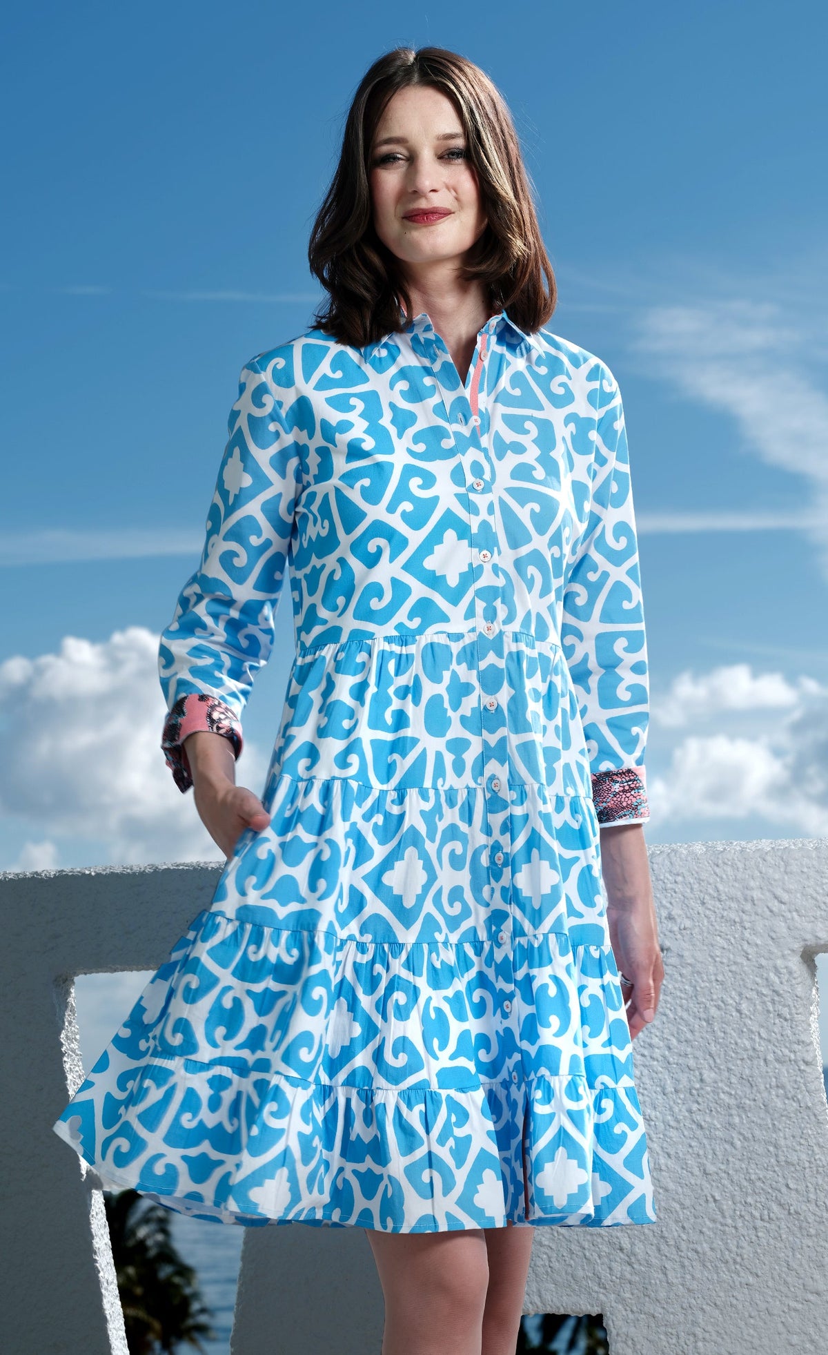 Delray Dress Cotton Sateen Blue White Geometric Print Resort Dress