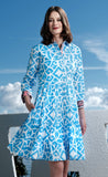 Delray Dress Cotton Sateen Blue White Geometric Print Resort Dress