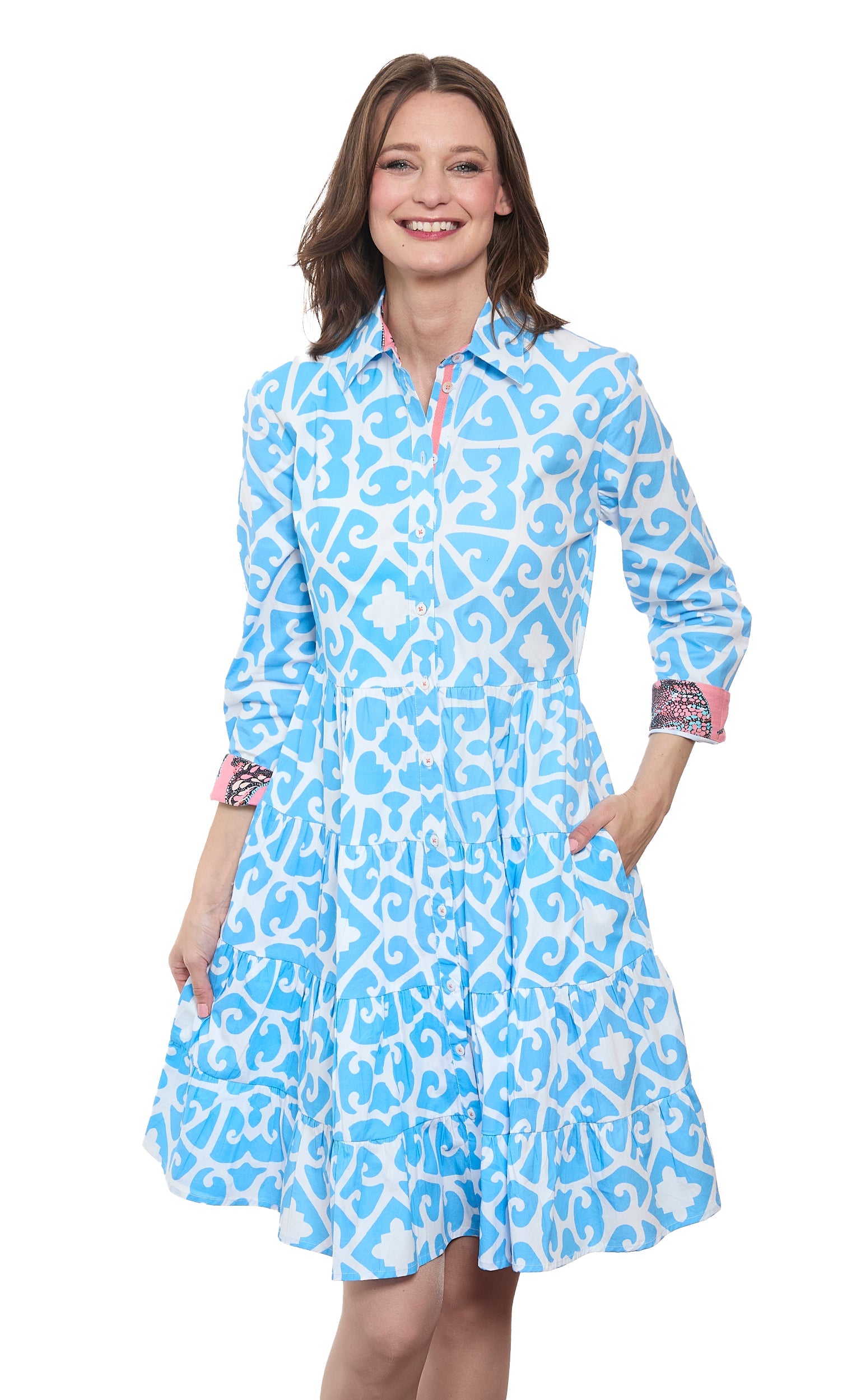 Delray Dress Cotton Sateen Blue White Geometric Print Resort Dress