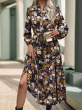 Notched Long Sleeve Midi Dress